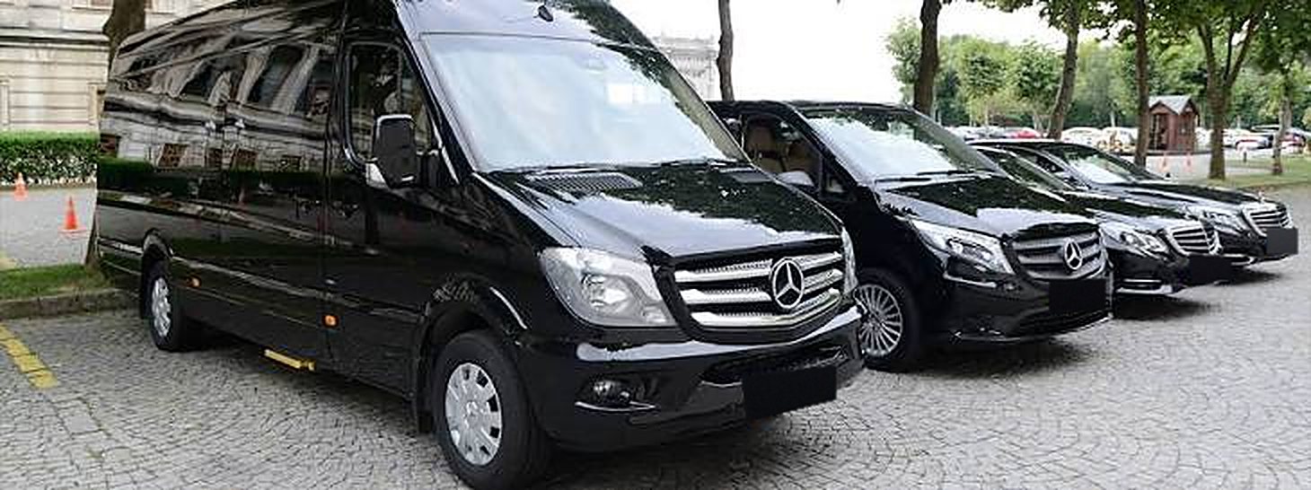 Siyah Mercedes-Benz minibüs ve sedan araçlar